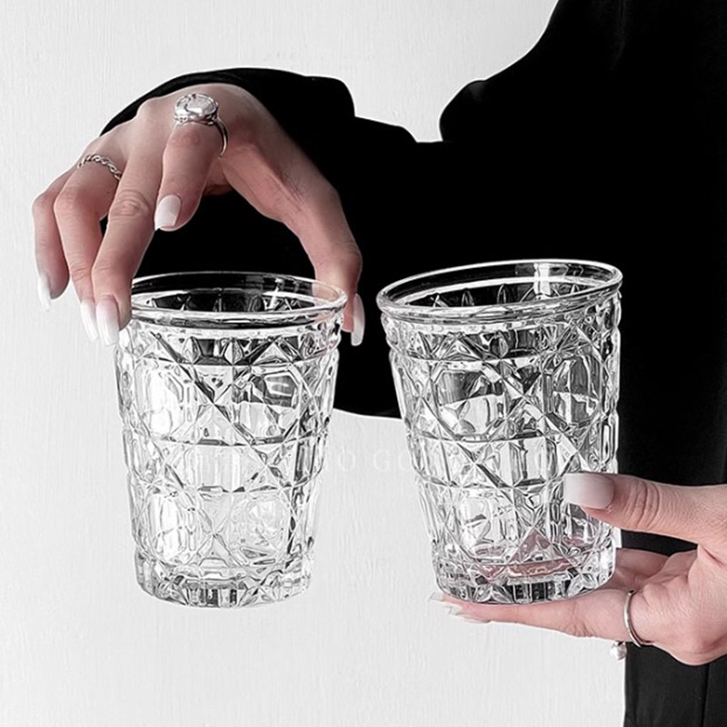 Espresso Shot Glass - ヴィンテージダイヤモンドパターンのグラス,2ピース,310ml,洋風ワイングラス,冷たい飲み物,水,コーヒーカップ,家庭用ウイスキービール,酒器
