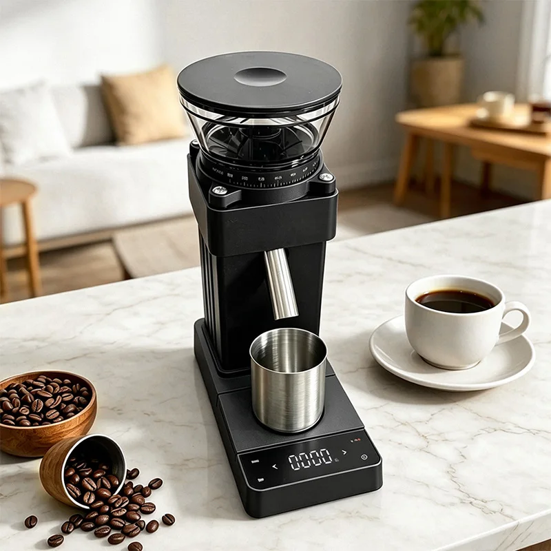 Coffee Grinder Burr Flat - スケール付きコーヒーグラインダー、60段階調整機能、ポーションコントロール、ステンレス製刃、ポータブルコーヒー豆グラインダー