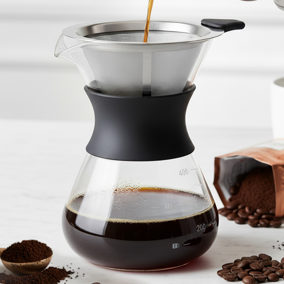 Coffee Equipment Pour Over - Leeseph ガラス製コーヒーメーカー 再利用可能なステンレス製ドリップフィルター付き、マーク付き、キッチン、ダイニングテーブルに最適
