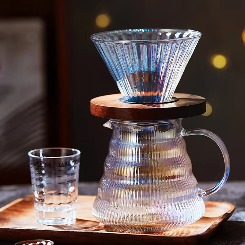 Coffee Equipment Pour Over - カラフルなコーヒーセットドリッパーコーヒーサーバーフィルターガラス漏斗ドリップコーヒーメーカー醸造カップ木製ホールド付き