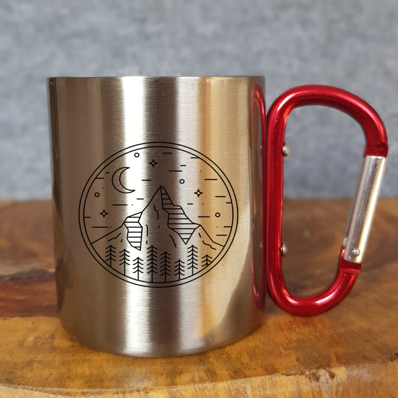 ステンレス製キャンプマグカップ。カラビナ付きハンドル、山と月 - Coffee Equipment For Camping のレビューと価格