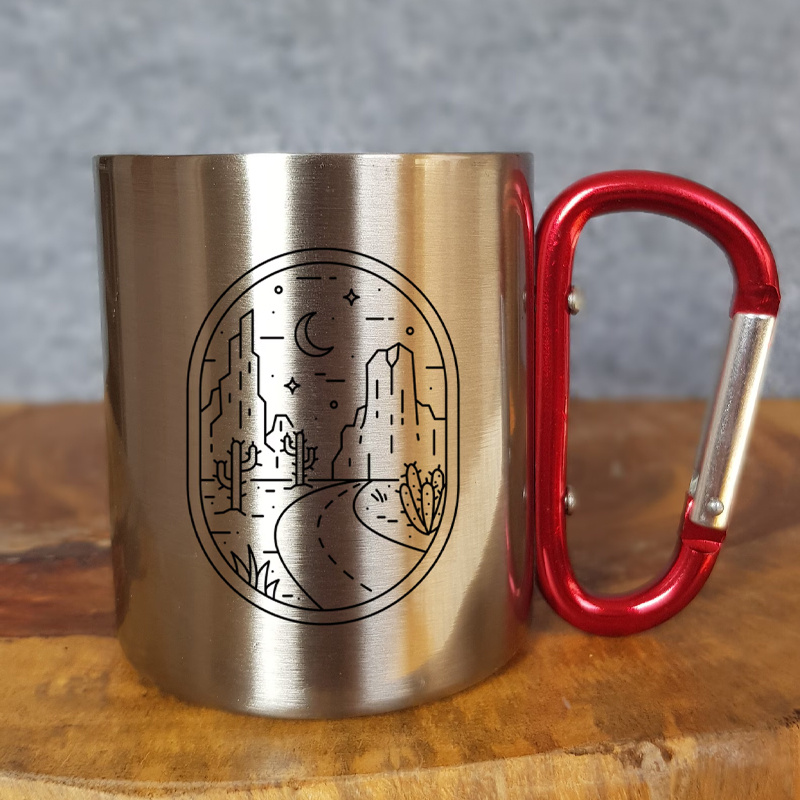 ステンレス製キャンプマグカップ。カラビナ付きハンドル、山と月 - Coffee Equipment For Camping のレビューと価格